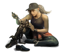 Rule 34 | 1girl, bare shoulders, baseball cap, breasts, clothes around waist, cyborg, dog tags, grey hair, hat, kokecit, large breasts, lips, long hair, mechanical legs, nose, original, ponytail, prosthesis, prosthetic leg, realistic, screwdriver, shoes, simple background, single mechanical leg, single shoe, sitting, sneakers, solo, sweater, sweater around waist, tank top, watch, white background, wristwatch