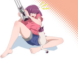 1girl barefoot blush breasts cat highres komochizuki large_breasts oboro_(taimanin_asagi) open_mouth pink_shirt purple_hair red_eyes shirt short_hair shorts simple_background sitting taimanin_(series) weapon white_background