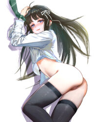 Rule 34 | 1girl, absurdres, ahoge, ass, awa subaru, black hair, black thighhighs, blush, bound, bound wrists, c1718259, cleft of venus, commentary request, fang, girls band cry, green necktie, hair ribbon, highres, long hair, long sleeves, looking at viewer, necktie, open mouth, parted bangs, partial commentary, pussy, pussy peek, ribbon, shadow, shirt, sidelocks, simple background, skindentation, solo, sweatdrop, teeth, thighhighs, upper teeth only, variant set, white background, white ribbon, white shirt