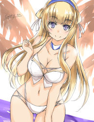 Rule 34 | 1girl, bikini, blonde hair, blue hairband, breasts, cleavage, collarbone, commentary request, double bun, fletcher (kancolle), fletcher mk ii (kancolle), gakky, hair bun, hairband, kantai collection, large breasts, long hair, looking at viewer, navel, one-hour drawing challenge, orange sky, outdoors, purple eyes, ribbon, sky, smile, solo, swimsuit, thigh gap, white ribbon
