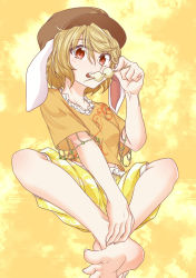 Rule 34 | 1girl, animal ears, barefoot, benizuwai, blonde hair, rabbit ears, dango, eating, feet, floppy ears, food, hands on feet, hat, highres, holding, holding food, indian style, looking at viewer, orange shirt, red eyes, ringo (touhou), shirt, short hair, short sleeves, shorts, sitting, soles, solo, toes, touhou, wagashi, yellow background, yellow shorts