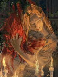 Rule 34 | 1boy, 1girl, amputee, blonde hair, blood, braid, brother and sister, candle, closed eyes, crying, elden ring, fire, highres, holding, hug, long hair, malenia blade of miquella, miquella (elden ring), red hair, robe, siblings, triple amputee, twins, white robe, white tunic, yujia0412
