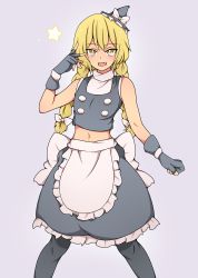 Rule 34 | 1girl, absurdres, adapted costume, alternate hairstyle, apron, black dress, black thighhighs, black vest, blonde hair, blue bow, bow, braid, breasts, buttons, crop top, dress, fang, fingerless gloves, frilled dress, frills, gloves, grey background, hair bow, hat, hat bow, highres, kirisame marisa, long hair, midriff, mini hat, navel, shirt, simple background, sleeveless, small breasts, solo, star (symbol), stomach, suwaneko, thighhighs, touhou, turtleneck, twin braids, vest, waist apron, white bow, white shirt, witch hat, yellow eyes