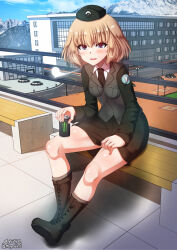 Rule 34 | 1girl, alternate costume, blonde hair, blue eyes, blush, breasts, girls und panzer, highres, katyusha (girls und panzer), looking at viewer, megadeko, military, military uniform, monster energy, open mouth, outdoors, selection university military uniform, sitting, small breasts, smile, solo, uniform