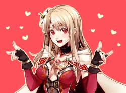 Rule 34 | blonde hair, cape, dress, fina (ffbe), final fantasy, final fantasy brave exvius, fingerless gloves, flower, fox shadow puppet, gloves, hair flower, hair ornament, heart, jewelry, looking to the side, medium hair, necklace, open mouth, red background, red dress, red eyes, tarutaru yamaoka, teeth, upper teeth only, white cape