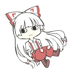 Rule 34 | &lt;o&gt; &lt;o&gt;, 1girl, black eyes, blouse, boots, bow, brown footwear, chibi, closed mouth, collared shirt, commentary request, deetamu, fujiwara no mokou, hair bow, hands in pockets, long hair, looking to the side, lowres, multicolored bow, ofuda, ofuda on clothes, pants, red bow, red pants, shirt, short sleeves, simple background, solo, touhou, very long hair, white background, white bow, white hair, white shirt