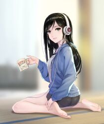 Rule 34 | 1girl, ass, barefoot, black hair, black shorts, blue jacket, blurry, blurry background, breasts, commentary request, depth of field, eyelashes, feet, fukukitaru, full body, grey eyes, hair ornament, hairclip, hand up, headphones, highres, holding, hood, hood down, hooded jacket, jacket, legs, long hair, long sleeves, looking at viewer, medium breasts, open clothes, open jacket, original, parted bangs, parted lips, shirt, short shorts, shorts, sidelocks, sitting, soles, solo, swept bangs, tatami, thighs, toenails, toes, translation request, wariza, white shirt