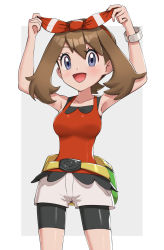 Rule 34 | 1girl, :d, armpits, arms up, bike shorts, bike shorts under shorts, blush, bow hairband, bracelet, breasts, brown hair, commentary request, creatures (company), eyelashes, fanny pack, game freak, gonzarez, grey eyes, hairband, highres, jewelry, may (pokemon), medium hair, nail polish, nintendo, open mouth, pantyhose, pantyhose under shorts, pink nails, pokemon, pokemon oras, red hairband, red shirt, shiny clothes, shiny skin, shirt, shorts, sleeveless, sleeveless shirt, smile, solo, tongue, white shorts, yellow bag
