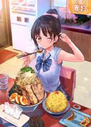 Rule 34 | 1girl, arm up, armpits, bare arms, bare shoulders, bow, bowtie, breasts, brown eyes, brown hair, chair, chopsticks, collared shirt, commentary request, cup, drinking glass, food, tucking hair, hand up, hanekoto, highres, holding, large breasts, noodles, one eye closed, original, parted lips, plaid, plate, rice, school uniform, shirt, short ponytail, sitting, solo, sweat, table, tissue, tissue box, tray, wet, wet clothes, wet shirt, white shirt