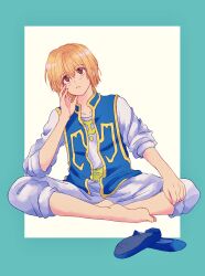 Rule 34 | 1other, androgynous, barefoot, blonde hair, blue tabard, brown eyes, collarbone, full body, green background, highres, hunter x hunter, indian style, kurapika, looking at viewer, mtmgmaru, shirt, short hair, sitting, sleeves rolled up, solo, tabard, two-tone background, white background, white shirt