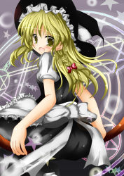 Rule 34 | 1girl, blonde hair, bow, braid, broom, broom riding, female focus, from behind, hair bow, hat, hat bow, hexagram, kirisame marisa, looking back, magic circle, side braid, solo, t (dyuhuhudyukusi), touhou, witch, witch hat, yellow eyes