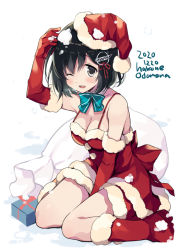 Rule 34 | 1girl, artist name, bell, black hair, blue ribbon, blush, boots, box, breasts, brown eyes, christmas, dated, dress, elbow gloves, gift, gift box, gloves, haguro (kancolle), hair between eyes, hair ornament, hat, kantai collection, looking at viewer, medium breasts, medium hair, merry christmas, neck ribbon, odawara hakone, one-hour drawing challenge, one eye closed, red dress, red footwear, red gloves, red hat, ribbon, sack, santa boots, santa costume, santa hat, short hair, sitting, snow, solo, tears, wariza