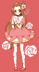 Rule 34 | 1girl, ako (ako0905), brown eyes, brown hair, dokidoki! precure, dress, eyelashes, gloves, hair ornament, half updo, happy, long hair, looking at viewer, madoka aguri, pantyhose, ponytail, precure, puffy sleeves, red background, red dress, red footwear, red theme, ribbon, shoes, smile, solo