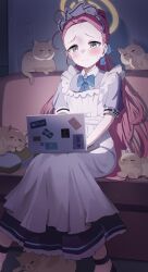 Rule 34 | 1girl, absurdres, apron, blue archive, blush, brown eyes, cat, commentary, computer, couch, dress, halo, highres, indoors, laptop, loloco, long dress, long hair, looking at object, maid, maid apron, maid headdress, official alternate costume, on couch, orange halo, pink hair, short sleeves, sitting, solo, sweat, white apron, yuzu (blue archive), yuzu (maid) (blue archive)