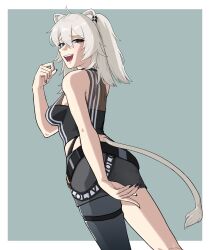 Rule 34 | 1girl, absurdres, animal ears, anstatic, black nails, black pantyhose, black shirt, black skirt, breasts, commentary request, crop top, ear piercing, fingernails, grey eyes, grey hair, hair between eyes, highres, hololive, large breasts, lion ears, lion girl, lion tail, long fingernails, long hair, looking at viewer, messy hair, midriff, miniskirt, nail polish, pantyhose, piercing, sharp fingernails, shirt, shishiro botan, simple background, single leg pantyhose, skin tight, skirt, sleeveless, sleeveless shirt, solo, tail, teeth, thigh strap, virtual youtuber