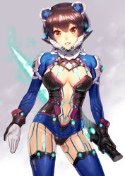 Rule 34 | 1girl, arms at sides, black panties, blue thighhighs, blush, breasts, brown hair, center opening, cleavage, contrapposto, energy sword, glowing, glowing sword, glowing weapon, grey background, headgear, holding, holding sword, holding weapon, leotard, medium breasts, navel, ogino (oginogino), orange eyes, original, panties, parted lips, revealing clothes, reverse grip, shoulder pads, simple background, smile, solo, standing, stomach, sword, tareme, thighhighs, underwear, weapon