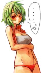 Rule 34 | ..., 1girl, adapted costume, anger vein, bikini, blush, breasts, cleavage, embarrassed, female focus, green hair, groin, kazami yuuka, looking away, navel, no shirt, oekaki, open clothes, open vest, plaid, plaid vest, red eyes, sachito, short hair, simple background, solo, spoken anger vein, strapless, swimsuit, touhou, tube top, vest, white background
