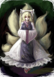 Rule 34 | 1girl, blonde hair, blue dress, dress, female focus, fox tail, full body, hat, hiepita (1014), highres, long sleeves, multicolored clothes, multicolored dress, multiple tails, solo, tail, touhou, white dress, yakumo ran, yellow eyes