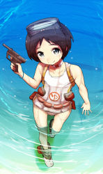 Rule 34 | 10s, 1girl, belt, black hair, blue skirt, choker, collarbone, diving mask, diving mask on head, goggles, goggles on head, grey eyes, gun, handgun, kantai collection, looking at viewer, machinery, maru-yu (kancolle), nakasone haiji, one-piece swimsuit, reflection, revision, school swimsuit, skirt, smile, solo, swimsuit, wading, walking, water, weapon, wet, white school swimsuit, white one-piece swimsuit