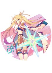 Rule 34 | 1girl, armband, armor, ass, belt, bikini armor, blonde hair, blue eyes, blush, bradamante (fate), bradamante (third ascension) (fate), breasts, closed mouth, coat, commentary request, diffraction spikes, epaulettes, fate/grand order, fate (series), faulds, floating hair, highres, holding, jacket, jacket on shoulders, knee pads, kotoribako, long hair, long sleeves, looking at viewer, looking back, medium breasts, negative space, sidelocks, smile, solo, twintails, weapon, white coat, wing collar
