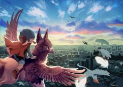 Rule 34 | 1boy, afro, animal, bad id, bad pixiv id, bird, blue eyes, blue hair, blue sky, building, cape, cityscape, clothed animal, cloud, cloudy sky, commentary request, day, dove, flying, griffin, hat, horns, looking at viewer, looking back, manino (mofuritaionaka), original, outdoors, riding, scenery, shoes, shorts, signature, sky, smile