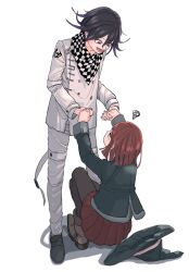 Rule 34 | 1boy, 1girl, :d, black hair, black headwear, blush, brown footwear, buttons, checkered clothes, checkered scarf, danganronpa (series), danganronpa v3: killing harmony, double-breasted, eye contact, grey background, grey pants, hands up, hat, highres, holding hands, long sleeves, looking at another, looking down, lower teeth only, medium hair, miniskirt, multicolored hair, oma kokichi, open mouth, pants, pleated skirt, purple hair, red hair, red skirt, scarf, short hair, simple background, skirt, smile, squatting, squiggle, standing, teeth, tongue, two-tone hair, witch hat, yoshie (komaneko0007), yumeno himiko