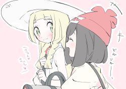 Rule 34 | 2girls, bag, beanie, black hair, blonde hair, blush, braid, collared dress, creatures (company), dress, duffel bag, floral print, from side, game freak, green eyes, hat, lillie (pokemon), long hair, looking at another, multiple girls, nintendo, nonobuki, open mouth, pokemon, pokemon sm, selene (pokemon), shirt, short hair, shoulder bag, side-by-side, simple background, sleeveless, sleeveless dress, smile, standing, translation request, twin braids, upper body, walking, white dress, white hat, yuri