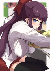 Rule 34 | 1girl, absurdres, blue eyes, blurry, blurry background, blush, breasts, framed, hair ribbon, hanging breasts, highres, kootee-on, large breasts, legs, long hair, looking at viewer, new game!, parted lips, pillow, ponytail, purple hair, ribbon, skirt, solo, takimoto hifumi, thighhighs