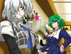 Rule 34 | 2girls, alternate costume, black shirt, blue eyes, blue necktie, blue skirt, blurry, blurry background, bow, braid, breasts, cleavage, collared shirt, contemporary, dress suit, earrings, fashion, from side, green hair, grey vest, grin, hair between eyes, hair bow, hand on own hip, izayoi sakuya, izuna nie, jewelry, kazami yuuka, large breasts, layered clothes, long sleeves, mall, medium breasts, multiple girls, necklace, necktie, no headwear, open clothes, open vest, people, plaid, plaid vest, profile, red eyes, shiny skin, shirt, short hair, short sleeves, silver hair, skirt, smile, touhou, twin braids, upper body, vest, white shirt