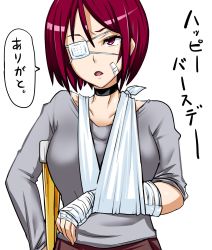 Rule 34 | 1girl, bandages, bandaged arm, bandaid, breasts, cane, choker, commentary request, eyepatch, grey shirt, hair between eyes, highres, large breasts, long sleeves, looking away, medical eyepatch, okyou, parted lips, purple hair, red eyes, shirt, short hair, simple background, solo, speech bubble, the king of fighters, translated, upper body, whip (kof), white background