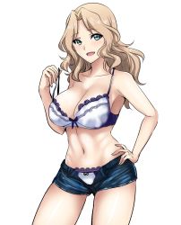 Rule 34 | 10s, 1girl, adjusting bra, adjusting clothes, blonde hair, blue eyes, bow, bow bra, bow panties, bra, breasts, casual, cleavage, cowboy shot, denim, denim shorts, girls und panzer, hand on own hip, hifumi hajime, highres, kay (girls und panzer), lace, lace-trimmed bra, lace-trimmed panties, lace trim, large breasts, long hair, looking at viewer, navel, no shirt, open fly, panties, parted lips, short shorts, shorts, simple background, smile, solo, spoken blush, standing, strap pull, strap slip, underwear, unzipped, white background