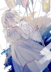 Rule 34 | 1girl, angel, angel wings, blue eyes, closed mouth, dot mouth, dress, driedflower, halo, highres, holding, holding pole, intravenous drip, light particles, looking at viewer, multicolored background, original, pole, short hair, signature, solo, standing, white background, white dress, white hair, wings