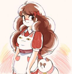 Rule 34 | 1girl, animal, animal print, apron, bee (bee and puppycat), bee and puppycat, bell, bow, brown eyes, brown hair, cat, cat print, commentary, dress, english commentary, hair bow, highres, jenna (rainynebula), jingle bell, long hair, looking at viewer, puffy short sleeves, puffy sleeves, puppycat, red bow, red dress, retro artstyle, short sleeves, smile, standing