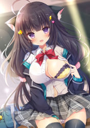 Rule 34 | 1girl, ahoge, animal ear fluff, animal ears, bag, black hair, black skirt, black thighhighs, blush, bow, bra, breasts, cat ears, chalkboard, classroom, cleavage, collared shirt, cowboy shot, desk, hair ornament, hair scrunchie, hairclip, indoors, jacket, large breasts, long hair, low twintails, navel, neck ribbon, on desk, open mouth, original, panties, pantyshot, picpicgram, plaid, plaid skirt, pleated skirt, purple eyes, red bow, ribbon, school bag, scrunchie, shirt, sitting, on desk, skirt, solo, sunlight, sweater, thighhighs, twintails, unbuttoned, underwear, white panties, white shirt, yellow bra
