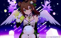 Rule 34 | 1girl, artist name, bare shoulders, black sleeves, brown hair, closed mouth, collar, detached collar, detached sleeves, diagonal-striped clothes, diagonal-striped necktie, diagonal-striped neckwear, feathered wings, flower, gloves, green eyes, green ribbon, green skirt, hair between eyes, hair ornament, hair ribbon, hand up, holding, long sleeves, necktie, night, night sky, notebook, original, pleated skirt, prophet chu, ribbon, rose, sitting, skirt, sky, smile, solo, star (symbol), star hair ornament, striped clothes, striped necktie, striped neckwear, symbol-shaped pupils, two side up, watermark, web address, white collar, white gloves, white wings, wing collar, wings