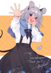 Rule 34 | 1girl, adapted costume, ahoge, akagashi hagane, animal ears, black pantyhose, black skirt, blue capelet, blush, capelet, commission, cowboy shot, grey hair, jewelry, long sleeves, looking at viewer, mouse ears, mouse tail, nazrin, open mouth, pantyhose, pendant, red eyes, shirt, short hair, signature, skeb commission, skirt, solo, tail, touhou, white shirt