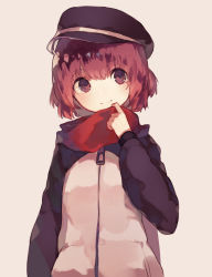 Rule 34 | 1girl, bad id, bad pixiv id, beige background, brown eyes, brown hair, cabbie hat, closed mouth, hand up, hat, highres, jacket, looking at viewer, original, red scarf, scarf, short hair, simple background, smile, solo, suzukami, upper body, zipper
