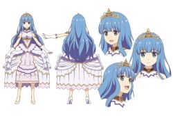 Rule 34 | 1girl, arms at sides, blue eyes, blue hair, blunt bangs, cinderella (grimm), cinderella (grimms notes), commentary request, glass slipper, grimms notes, long hair, multiple views, official art, simple background, standing, very long hair, white background