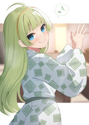 Rule 34 | 1girl, binsen, blue eyes, blush, closed mouth, eighth note, green hair, hairband, highres, idolmaster, idolmaster million live!, japanese clothes, kimono, long hair, long sleeves, looking at viewer, looking back, musical note, shimabara elena, smile, solo, spoken musical note, steepled fingers, very long hair, white kimono, wide sleeves, yellow hairband
