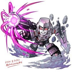 Rule 34 | 1boy, arm cannon, chibi, clenched hand, dated, highres, holding, holding sword, holding weapon, kamizono (spookyhouse), mecha, megatron, no humans, red eyes, robot, solo, sword, transformers, transformers: war for cybertron trilogy, twitter username, weapon, white background