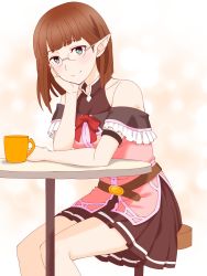 Rule 34 | 1girl, bare shoulders, belt, blunt bangs, bow, brown hair, brown skirt, cup, dungeon ni deai wo motomeru no wa machigatteiru darou ka, eina tulle, elbows on table, elf, glasses, green eyes, hand on own cheek, hand on own face, highres, maou (ajtdmw369), mug, pink background, pointy ears, red bow, simple background, sitting, skirt, smile, solo, stool, table