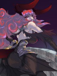Rule 34 | 1girl, ass, borrowed character, bracelet, breasts, demon girl, demon horns, demon tail, elbow gloves, from behind, gloves, horns, jewelry, large breasts, long hair, looking back, maou beluzel, marupon, original, pantyhose, red eyes, red hair, skirt, solo, tail, wall, yuusha to maou