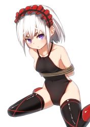Rule 34 | 10s, 1girl, arms behind back, blush, bound, breasts, chaika bogdan, hairband, hitsugi no chaika, leotard, lolita hairband, looking at viewer, nosuku, one-piece swimsuit, purple eyes, rope, short hair, silver hair, simple background, sitting, small breasts, solo, swimsuit, thighhighs, tied up, wariza, white background