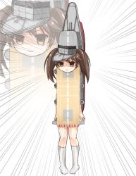 Rule 34 | 10s, 1girl, brown eyes, brown hair, emphasis lines, empty eyes, flat chest, flight deck, highres, kantai collection, kneehighs, rivu penguin, ryuujou (kancolle), socks, solo, tears, twintails, white socks, zoom layer