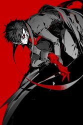 Rule 34 | 10s, 1boy, amamiya ren, black hair, cape, glasses, gloves, izumi (nagashi), jacket, looking at viewer, male focus, mask, persona, persona 5, red background, red eyes, red gloves, short hair, smile, solo