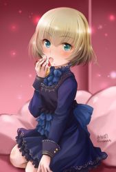 Rule 34 | 10s, 1girl, alternate costume, artist name, blonde hair, blue dress, blue eyes, blush, commentary, dress, fang, food, food on face, formal, fruit, girls und panzer, haruhata mutsuki, holding, holding food, holding fruit, katyusha (girls und panzer), kneeling, long sleeves, looking at viewer, open mouth, short hair, signature, solo, twitter username
