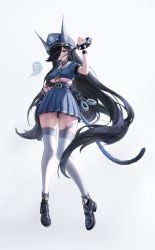 Rule 34 | 1girl, absurdres, animal ears, black hair, breasts, choker, cuffs, female focus, full body, ghost, hair over one eye, hat, highres, large breasts, long hair, looking at viewer, original, police, police hat, police uniform, policewoman, simple background, skirt, solo focus, tail, thighhighs, underboob, uniform, wellsy, white background, white thighhighs
