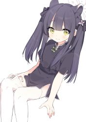 Rule 34 | 1girl, aged down, black hair, blue archive, blush, chinese clothes, commentary request, green eyes, hair between eyes, hair ornament, halo, highres, long hair, looking at viewer, shun (blue archive), shun (small) (blue archive), simple background, sitting, thighhighs, twintails, white background, white thighhighs