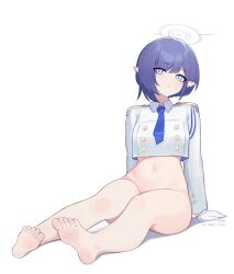 Rule 34 | 1girl, absurdres, aoi (blue archive), barefoot, blue archive, blue eyes, blue hair, dazz chan, feet, full body, halo, highres, looking at viewer, navel, necktie, shirt, short hair, simple background, sitting, solo, white background