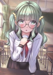 Rule 34 | 1girl, alternate costume, bespectacled, blunt bangs, blush, desk, futaba sana, glasses, green eyes, green hair, hand on own chest, hi ch mng, highres, lens flare, long hair, looking at viewer, magia record: mahou shoujo madoka magica gaiden, mahou shoujo madoka magica, open mouth, pov, school desk, school uniform, scrunchie, solo, table